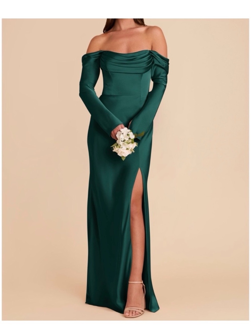 Birdie Grey Maya Matte Satin Off Shoulder Emerald Green Evening Gown